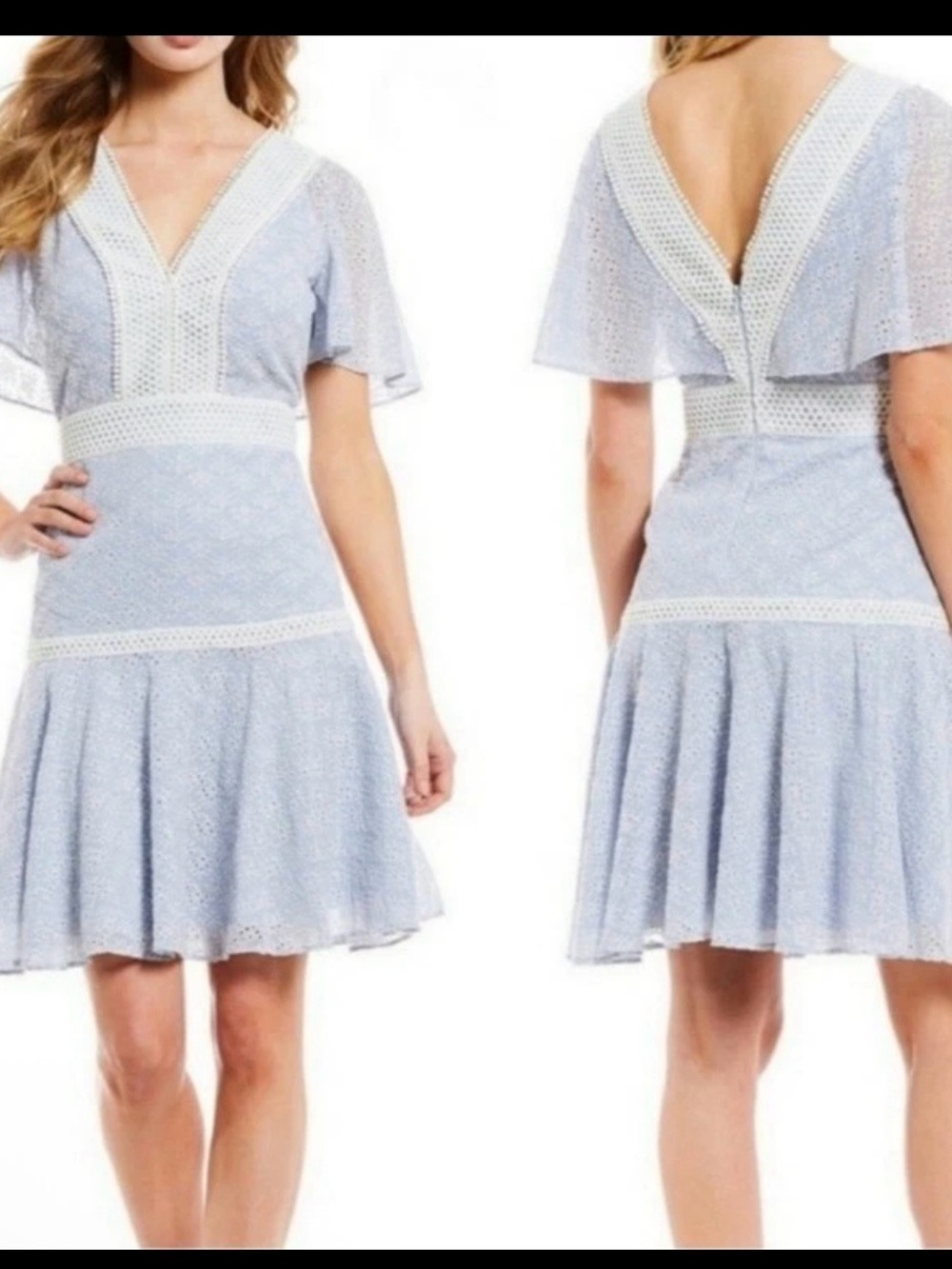 Gianni Bini Light Blue Lace V-Neck Flutter Sleeve Mini Dress